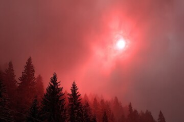 Sunrise casts a red glow over misty evergreen trees in a tranquil forest setting