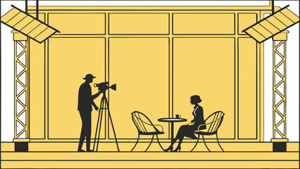 Silhouette of a film crew filming a woman sitting at a table outdoors.