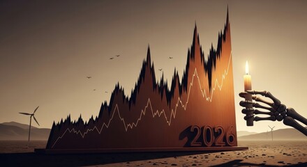 Abstract Graph Chart Displaying Growth Trends in 2026 with Candle and Wind Turbines in Desert