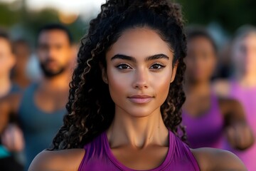 Young woman with natural curly hair and purple athletic top looking confidently at camera during outdoor fitness event at sunset, crowd in background.