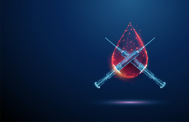 3d blue two crossed syringes in front of blood drop. Diabetes care, medical treatment, vaccination, immunization, healthcare, prevention concept.