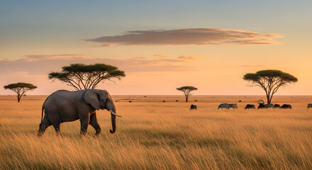 Naklejka premium Majestic elephant walking across African savanna at sunset with zebras grazing peacefully