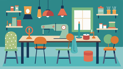 A crafting area with tables and chairs where people can work on sewing knitting or other handson projects.