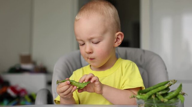Little kid eats fresh green peas. 4R
