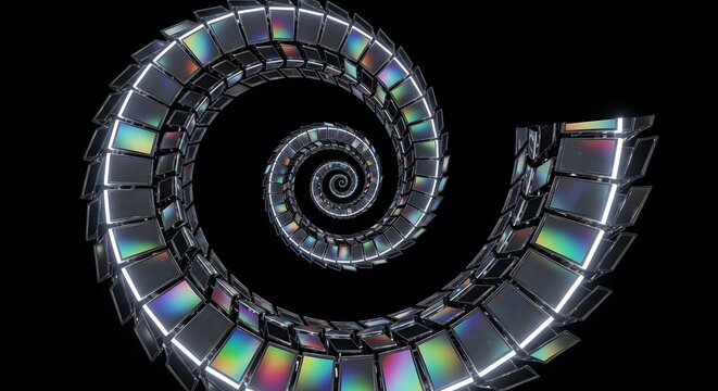Infinite spiral made of reflective square tiles on black background