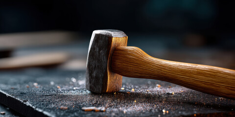 Wooden hammer with metal head lying on dark surface with wood shavings and dust, close up of artisan tool