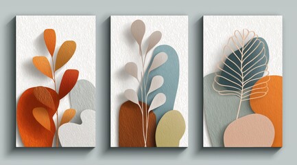 Abstract Botanical Art: A captivating series of three artistic botanical compositions, featuring stylized leaves and organic forms.