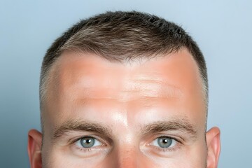 Close up portrait of Caucasian male with blue eyes and short dark hair against light background, cropped view showing only forehead to eyebrows area.