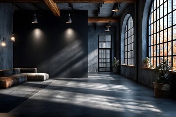 Photograph of a bright, modern, open-concept office with industrial design elements and a prominent matte black wall for branding.