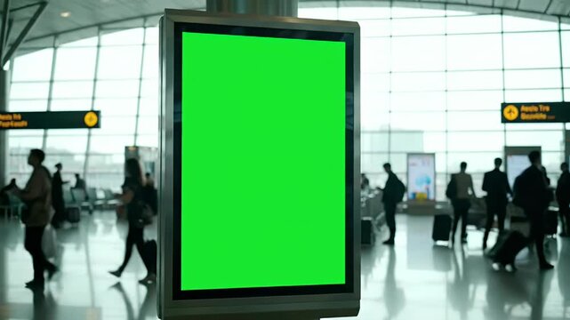 Blank green screen digital billboard in a modern airport terminal with blurry travelers, ready for custom content or advertising