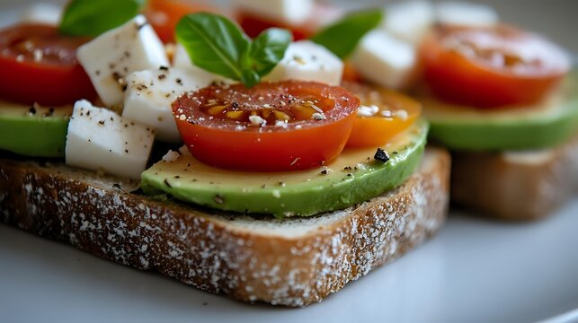 Fresh avocado toast topped with cherry tomatoes, feta cheese cubes, basil leaves and cracked pepper on rustic bread, served on white plate, macro food photography.