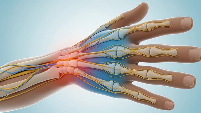 Medical Illustration of Hand Anatomy with Painful Joint and Tendons Overlay Against Light Blue Background