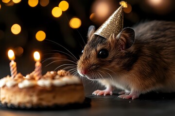 Adorable hamster wearing tiny gold party hat near birthday cake with lit candles, festive bokeh lights in background, celebrating special occasion on dark surface.