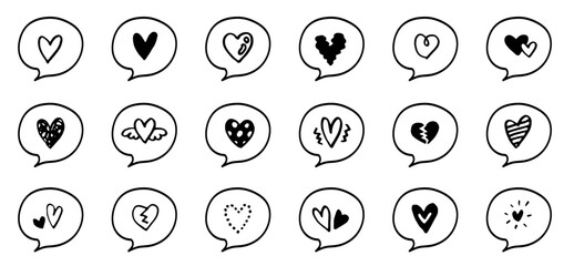 吹き出しとハートの装飾セット。手描きのかわいいフレーム。バレンタインデー、愛の告白、恋愛感情。