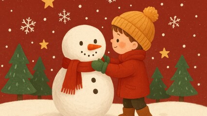 Fototapeta premium Child builds snowman under stars.