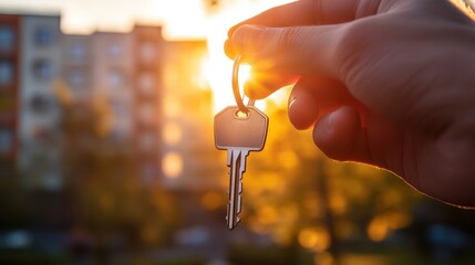 A hand holds a key against a sunset backdrop, symbolizing new beginnings and opportunities in a residential setting.