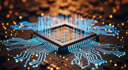 Closeup of a futuristic computer processor with glowing blue circuits and bokeh lights, representing advanced technology and artificial intelligence