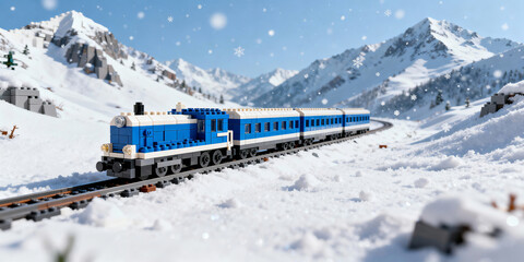 A train made of Lego bricks crossing a snowy mountain landscape. Dreamy and wintry atmosphere.