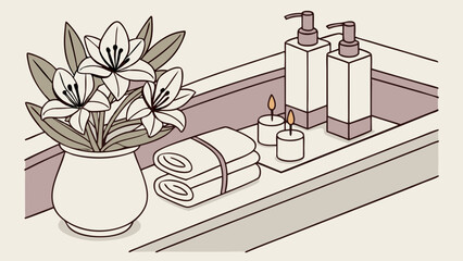 Fototapeta premium Spa Relaxation Candles Flowers and Towels in a Modern Setting.