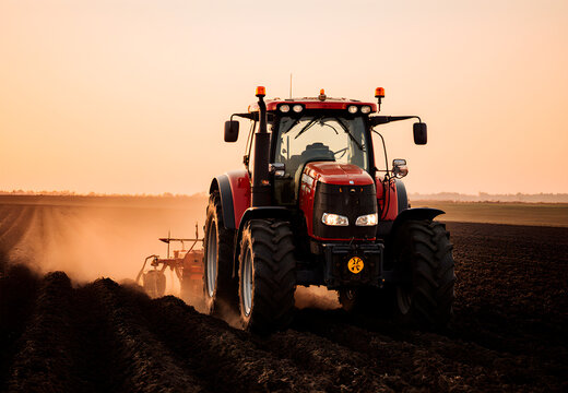Red tractor plowing field at sunset
