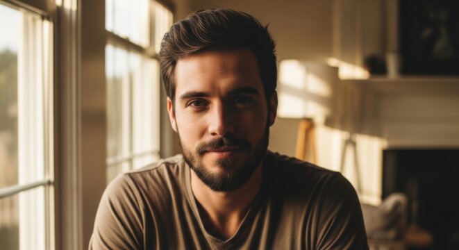Young Man with Beard Sitting Near Sunlit Window in Cozy Living Room