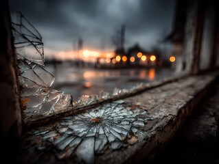 Obraz premium Poignant, atmospheric photograph from inside a derelict building, looking through a shattered window at a bleak, overcast urban scene.
