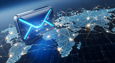 Global email communication network glowing on digital map