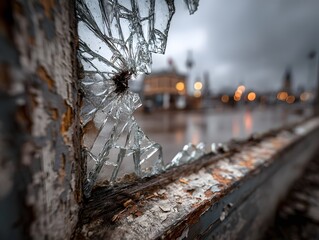 Obraz premium Poignant, atmospheric photograph from inside a derelict building, looking through a shattered window at a bleak, overcast urban scene.