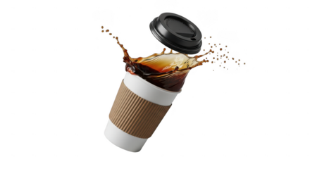 Coffee cup with lid spilling hot beverage isolated on transparent background