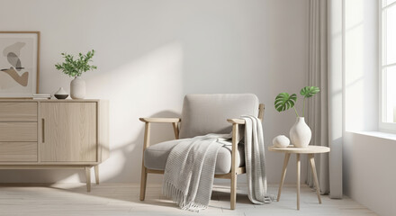 Interior design featuring armchair for comfortable living. Comfortable living with armchair and sideboard under sunlight near window, plants and decorations completes interior design.