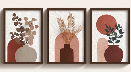 Earthy Elegance: Three framed artworks exude a contemporary minimalist style, each featuring abstract botanical forms and earthy color palette, perfect for a modern interior decor.