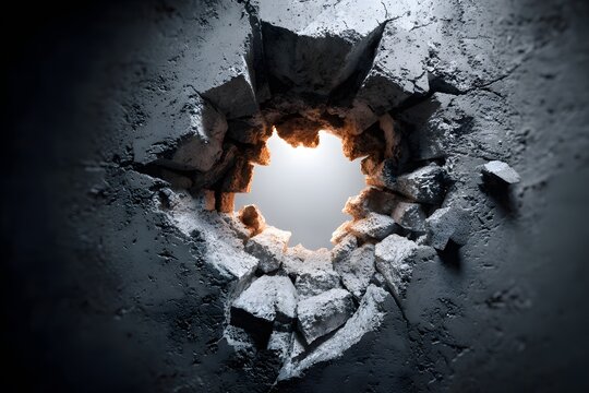 Powerful, dramatic photograph of a large, jagged hole smashed through a thick concrete wall, revealing a clean, bright space beyond.
