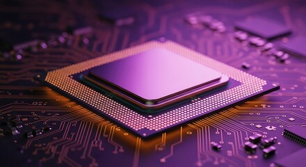 A closeup, macro view of a modern computer processor chip on a purple circuit board, highlighting technology and computing power
