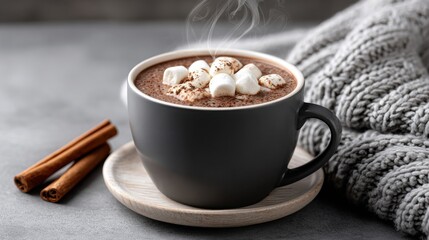 Hot chocolate in a dark ceramic cup topped with marshmallows, surrounded by cinnamon sticks, placed on a wooden coaster, evoking warmth and comfort in a cozy setting