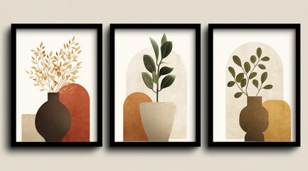 Botanical Trio: Three framed artworks showcase stylized plant compositions, a testament to the harmony of nature and design, celebrating the artistry of interiors and decorative aesthetics.