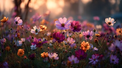 Obraz premium Romantic, breathtaking photograph of a field of colorful wildflowers during a hazy, golden sunset, the sun's rays creating a beautiful, warm flare and silhouetting the flowers in a magical atmosphere.