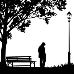 Silhouette of Person Near Bench and Tree Under Streetlamp – Peaceful Urban Park Scene