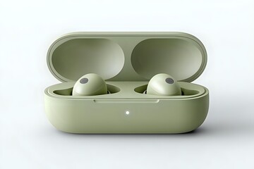 Minimalist wireless earbuds in sage green charging case on white background, modern tech accessory design for mobile devices and audio equipment.
