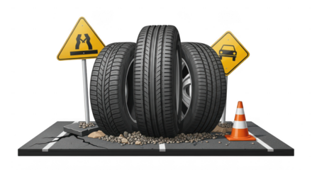 Car tires on cracked road with warning signs isolated on transparent background