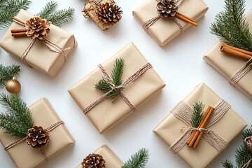 Fototapeta premium Flat lay top view of beautifully wrapped Christmas presents with luxury satin ribbon bows, festive pine branches and cinnamon sticks on a pure white background with plenty of space for text