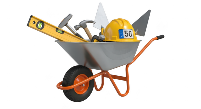 Construction wheelbarrow filled with tools isolated on transparent background