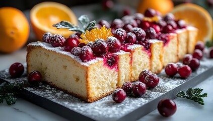 Fresh pound cake decorated with frosted cranberries and orange segments on dark slate board, dusted with powdered sugar, close up view of holiday dessert.