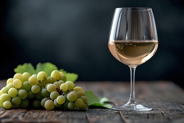 Glass of white wine with fresh green grapes on rustic wooden table against dark background, elegant wine tasting composition with selective focus.