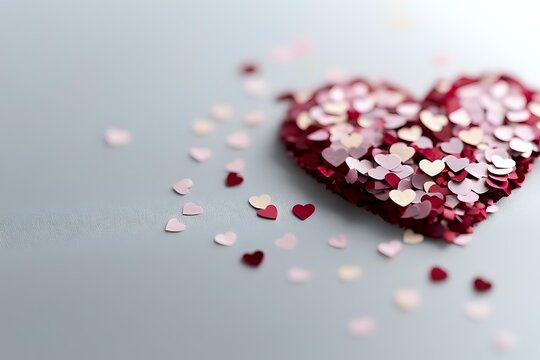Heart shape made from small pink and red paper hearts scattered on gray background, creating romantic Valentine's Day composition with soft bokeh effect.