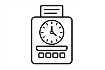 Time clock icon. Punch clock for employee attendance and work time tracking. Office equipment for payroll and hour management. Vector line art symbol. Simple flat illustration.
