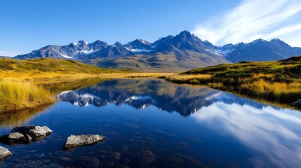 Obraz premium Tranquil mountain lake reflects snow-capped peaks and dramatic clouds, surrounded by golden autumn grassland and rocky shore in pristine wilderness landscape.