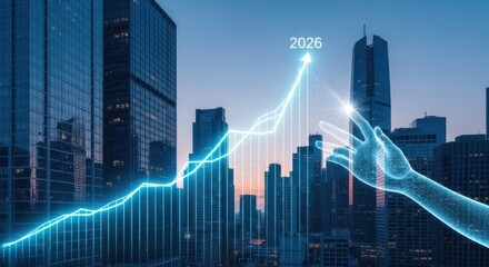 Futuristic Digital Graph Growing Over City Skyline with Hand Touching Data Points