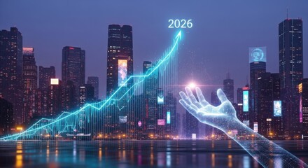 Futuristic Digital Hand Touching Growing Graph with City Skyline at Night
