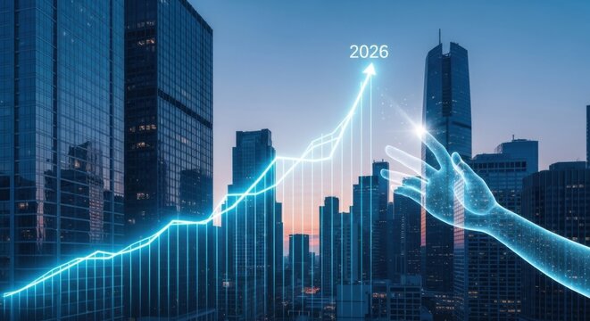 Futuristic Digital Graph Growing Over City Skyline with Hand Touching Data Points