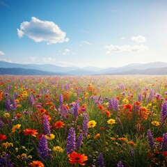 Obraz premium Hyperrealistic sunrise meadow with wildflowers, misty mountains, soft glow, vibrant colors, dreamy photorealistic atmosphere. 